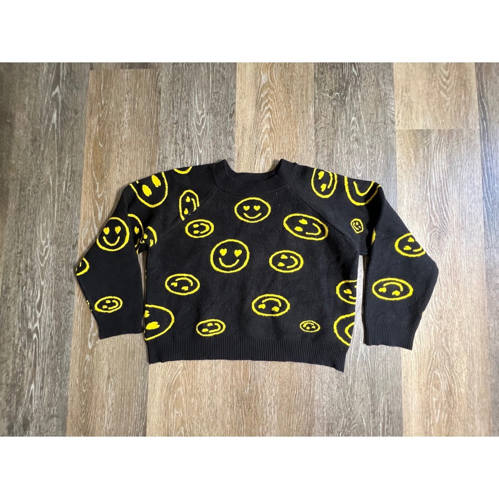 Say What Sweater Kids XL 16‎ Black Yellow Excellent Smiley Face Raglan Knit Top